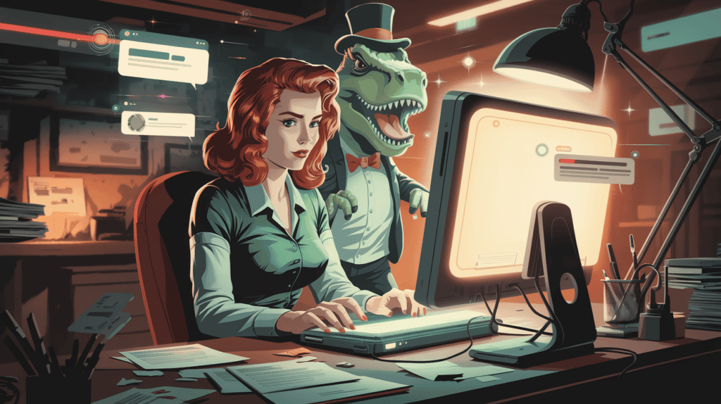 Woman at pc writing while a dinosaur guards her from distractions in the form of chat bubbles helping her fend of writer's block.