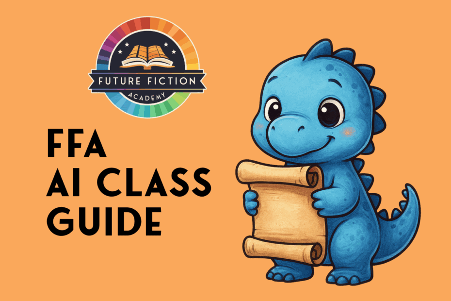 Cartoon dinosaur with laptop promoting Future Fiction Academy’s AI fiction writing courses directory.